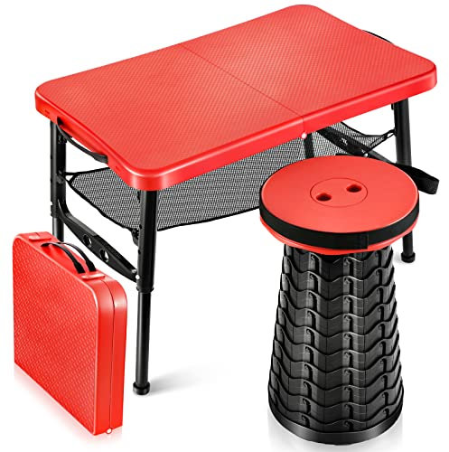 KPR Retractable Small Folding Table and Stool Set, Portable Camping Foldable Table Lightweight Yet More Sturdy with Adjustable Stool for Outdoor Picnic, Beach, Camp, Also Ideal as Laptop Bed Desk