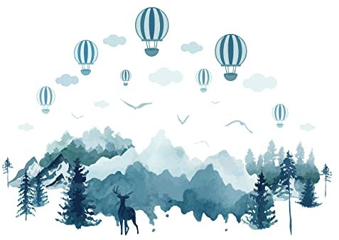 SUPERDANT Bleu Aquarelle Paysage Stickers Muraux Montagne Forêt Cerf Sticker Mural Ballon à Air Chaud Stikers Murals Amovible pour Étude Chambre Salon Autocollants Décoratifs