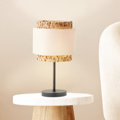Lightbox Nature Tischlampe mit Wasserhyazinthe/Stoff Schirm - Tischleuchte mit Schalter - E27 Fassung max. 60 W - 43 cm Höhe - Ø 25cm - aus Textil/Wasserhyazinthe/Metall in Schwarz/Naturfarben/Weiß