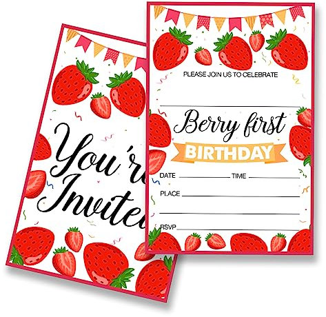 EUDOSI Strawberry Berry Party-Einladungskarten zum ersten Geburtstag, 20 Stück, mit Umschlägen, Erdbeere 1. Geburtstag Bash Einladungskarten, doppelseitig