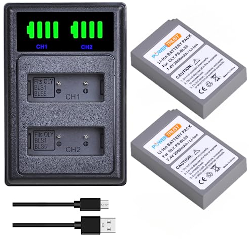PowerTrust 2Pcs BLS-50 BLS-5 Akku und Ladegerät für Olympus Pen E-P7 E-PL10 E-PL9 E-PL8 E-PL7 E-PL6 E-PL5 E-PL3 E-PL1s E-PM2, OM-D E-M5 Mark Ⅲ, E-M10 Mark III S,Stylus 1