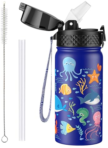 OLDLEY 420ml/14oz Kids Stainless Steel Insulated Water Bottle with Straw for School Reusable Metal Vacuum Small Flask Leakproof Keep Drinks Hot Cold for Boys Girls Toddlers Children (Sea, 420ml)
