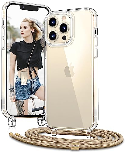 Vaykwo Handykette mit Band für Apple iPhone 13 Pro Max Hülle - Necklace Handyhülle - Transparente Case zum Umhängen mit Kameraschutz und Bildschirmschutz - Golden