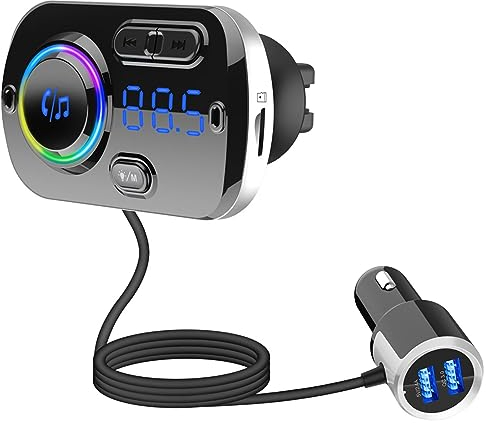 WANGCL Adaptateur Bluetooth 5.0 pour voiture - Transmetteur radio avec lumière ambiante 7 couleurs - Prise en charge FM 87,5-108 MHz - Appels mains libres Q3.0 - Charge rapide - Assistant vocal -