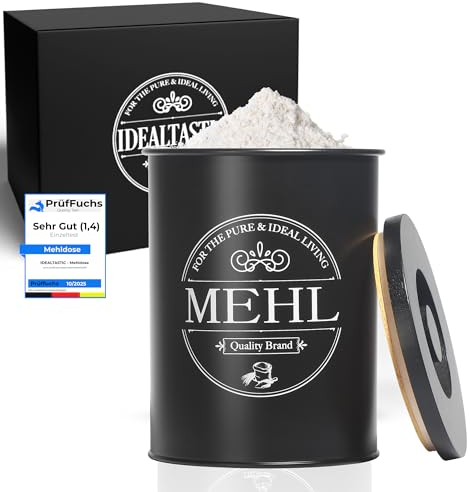 IDEALTASTIC® Premium Mehl Aufbewahrung schwarz, Luftdichte Mehldose 500g für die Küche I Robuster Mehlbehälter mit zeitsparendem Deckel, Mehlbox mit Deckel, Lebensmittelgeprüfte Vorratsdose Mehl