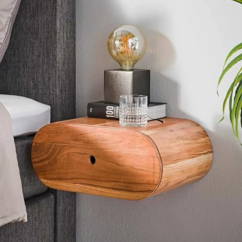 RINGO-Living Massivholz Nachttisch mit Ablage & Schublade, Schwebend Stauraum Nachttisch Industrial Style, Nachtschrank, Nachttisch Industrie Style, Nachttisch Holz Metall, Nachttisch Echtholz