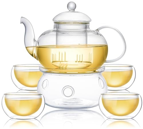 CnGlass 1000ml/33.8oz Glass Teapot with Removable Infuser,Stovetop Safe Tea Kettle with 4-Pack 100ml Teacups and Glass Tea Warmer 5.3in/13.5cm Diameter