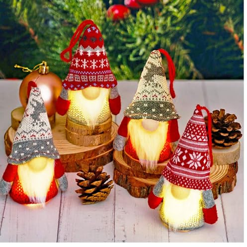 Johiux 4 Pcs Christmas Tree Decorations LED Gnomes Hanging Ornaments, Gnomes with Led Light Xmas Decorations Gonks,Swedish Nordic Indoor Decoration Holiday Decor Santa Elf Table Ornament.