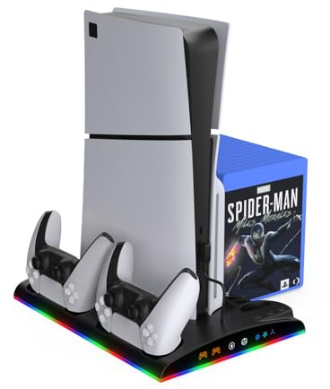 Redlution PS5 Multi-Functional Storage Base with Cooling Fan, Integrated Charging Station for Controllers and Headphones, 12 Discs - RGB Color Light Design for Slim (Black)