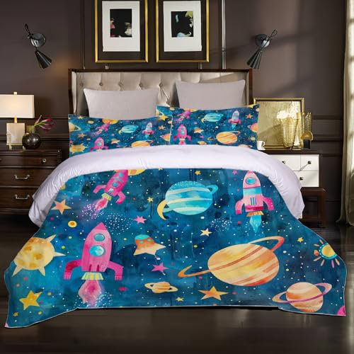 NEDOYE Bettwäsche Prägedruck Atmungsaktiver Cartoon Sternenhimmel Bettbezug Mit Reißverschluss & 2 Kissenbezug Süßer Planet Bettwäsche-Sets 3Teilig 240Cm*220Cm