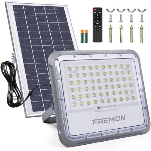 FREMON Faro LED Esterno con Pannello Solare 200W, Sensore di Movimento, 3 Modalità, Telecomando - Lampada per Giardino e Cortile
