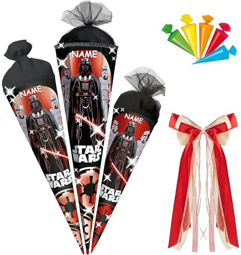 alles-meine.de GmbH Schultüte - Star War - 35-85 cm - Größe wählbar - Holzspitze wählbar - inkl. Name + Bänder Schleife + 5 kleine Zuckertüten - Zuckertüte - Tüll - oder Filzab..