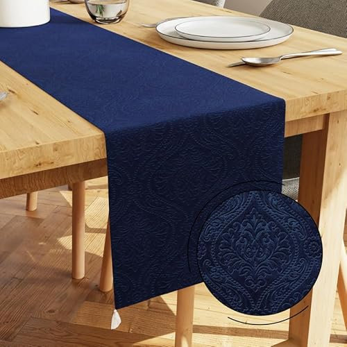 Encasa XO Tischläufer | Geprägtes Samt | Größe 32x150 cm | Farbe Navy Blue mit Premium-Polyester - Maschinenwaschbar