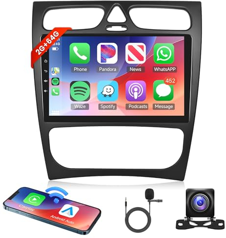 2G+64G Wireless Carplay Android Autoradio 2 Din für Mercedes Benz C Classe Clk S203 W203 W209 A209 2012-2016 9 Zoll Autoradio mit Android Auto Navi GPS WIFI Mirror Link Bluetooth FM/RDS Rückfahrkamera