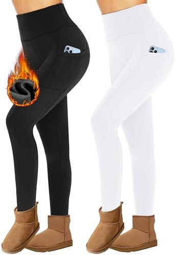 Missluck 2er Pack Thermo Leggings mit Taschen Damen im Winter, High Waist Gefüttert Thermoleggins für Sport(Schwarz/Weiß,L/XL)