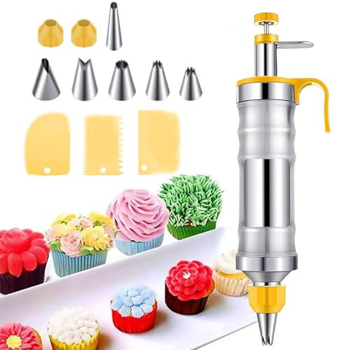 Cake Syringe Stainless Steel,400ml Cake Syringe Reusable,Professional Cream Syringe,Dessert Decorating Syringe with 6 spouts,Cake Accessories for Cupcakes,Cake Decorating-Yellow