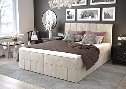 PAMIR24 Boxspringbett Polsterbett mit Bonell-Matratze - Bettkasten - Topper - Kopfteil BAHAM (Creme - 180x200cm)