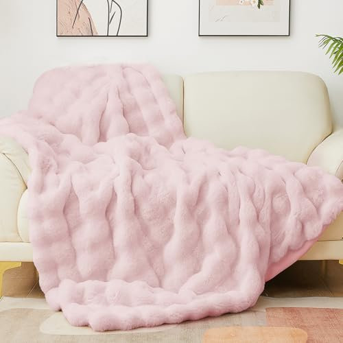 Latepis Kuscheldecke Flauschig Felldecke Rosa Kunstfell Sofadecke 150x200 cm Kuschelig Bubble Decke Dicke Kuscheldecke Plüschdecke Wohndecke Warme Winter Decke Bett Schlafzimmer Sofa Kaninchen Decken