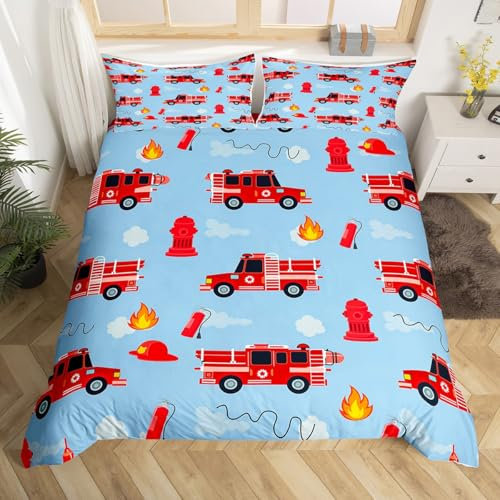 Roter Feuerwehrwagen Bettwäsche Set Feuerwehrmann Feuerwehrwagen Tröster Abdeckung für Jungen Mädchen Kinder Kampf Zubehör Feuerwehrmann Auto Fahrzeug Bettbezug Ambulance Blau Rot Bettbezug 135x200