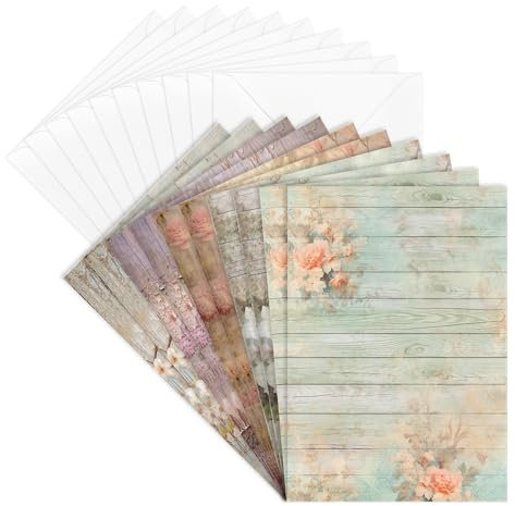 Ideen mit Herz Grußkarten-Set mit Umschlägen | 10 Motiv-Karten | blanko | bunt | neutral | Blumen-Designs | Din B6 (Holzoptik Frühlingszeit)