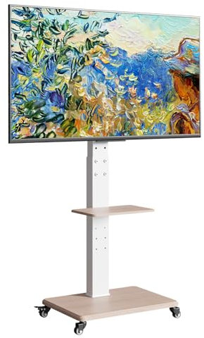 Neothm Soporte de suelo para TV con ruedas, con estante de madera, soporte orientable, soporte de TV, con ruedas, altura regulable, para pantalla plana de 32 a 65 pulgadas de 75 pulgadas, hasta 50 kg
