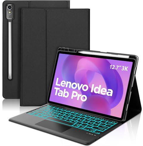 SENGBIRCH Custodia per tastiera Lenovo Idea tab P12 Pro 12.7 – QWERTZ illuminazione tedesca touchpad rimovibile tastiera wireless Bluetooth, custodia per Lenovo Idea tab Pro P12, nero
