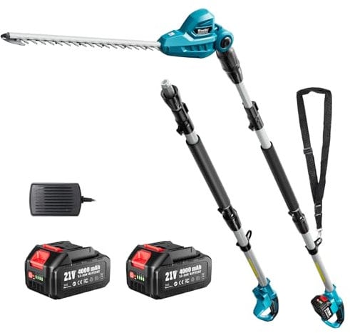 SEESII Tagliasiepi a Batteria Telescopico: Lama a Doppia Azione da 40 cm, Polo Telescopico Staccabile, 2 Batterie da 4.0Ah, Potente Troncatore per Potatura Alberi e Arbusti Macchine