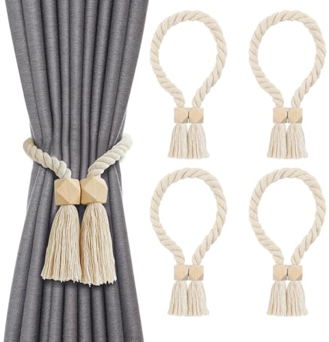 Fzyisw 4 Stück Magnetische Vorhang Raffhalter - Boho-Stil Gardinenhalter mit Fransen & Holzperlen - Starker Magnet-Vorhanghalter für Wohnzimmer, Schlafzimmer, Balkon
