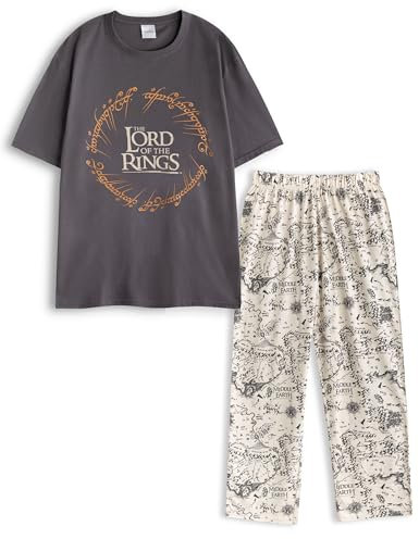 The Lord Of The Rings Men's Grey Sleepwear Set | Themed Crew Neck Short Sleeve Graphic Tee & Map Print Bottoms | Fantasy Apparel with Elastic Waistband