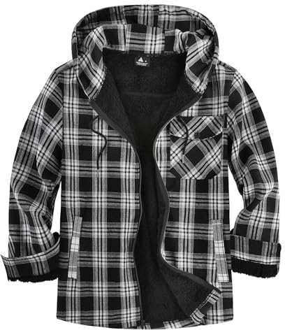 JACKETOWN Holzfällerjacke Herren Gefüttert Hemdjacke Herren mit Kapuze Kariertes Jacke Männer Reißverschluss Flanelljacke Sherpa Jacke Trekking Winterjacke Thermohemd Outdoor(Weiß Schwarz 3XL)