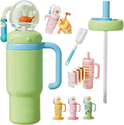 Whale Fountain Sippy Cup Tumbler, 24oz Stainless Steel Whale Fountain Tumbler With Handle,Cute Fountain Tumble Two Lids Spill Proof Insulated Travel Tumblers For Kids And Adults (A Green, 710ml)