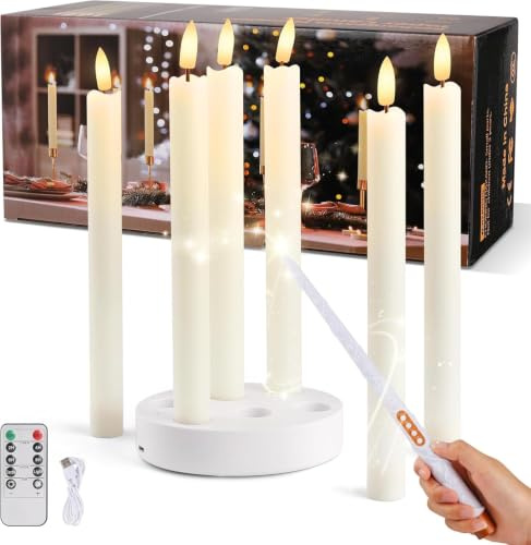 KIKILIVE Rechargeable led Taper Candles with Magic Wand Remote Control Timer 6 pcs, Including Charging Base, Flameless Candlesfor Room Table Halloween Christmas Decor