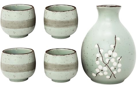 MystiCalls Japanisches Sake-Set 5-teilig, 1 Sake Karaffe warm/kalt 4 Sake Becher, Handgemalte Kirschblüten auf Keramik, Geschenkset, Sake Set für 4 Personen