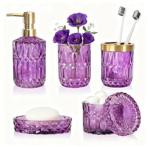 Violettes Badezimmer-Zubehör-Set, 5-teilig, klares Glas, Badezimmer-Zubehör, Handlotion-Seifenspender-Set, Zahnbürstenhalter, Qtips-Halter, Seifenschale, für Schminktisch, Badezimmer-Dekoration
