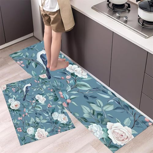 Küchenläufer Eleganter Retro-Stil – Küchenteppich mit Vögel und Blumen Teppichläufer rutschfest Pflegeleicht Teppich Läufer für Küche, Flur, Eingangsbereich, Esszimmer 44x75cm+44x150cm Dunkelblau