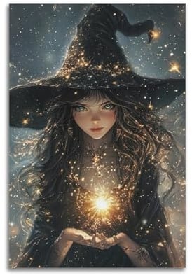 Moderne Wohnästhetik Leinwand-Wanddekor-Poster, Halloween-Poster, Hexenbild, das magisches Licht hält, ist geheimnisvoll und hat eine festliche Atmosphäre, Halloween-Dekorationen, 30 x 45 cm
