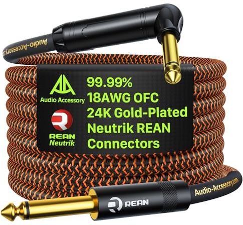 Pro Bass Guitar Cable 25 ft, Gold-Plated Neutrik REAN Connector, 18 AWG OFC, Braided 1/4 Inch Instrument Cable for Fender Electric Bass Guitar Combo Amp Rumble Marshall, Right Angle, Neon Orange/Black