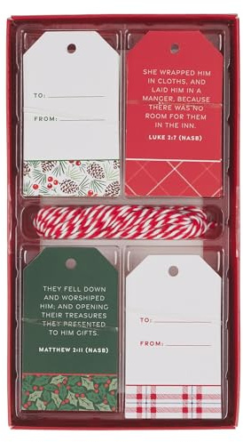 Christian Art Gifts Inspirational Christmas Paper Gift Tag Set with Scripture: Multicolor Red/Green/White Festive Holiday Holly & Pine Tree Themes, Cute Easy-Tie Candy Cane Colored String, Pack of 16