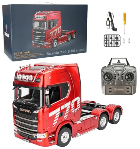 Quibuilds Camion tracteur robuste à l'échelle 1/18 6 x 4 770S RC avec traction arrière, semi-remorque télécommandée 2,4 G avec effets d'éclairage pour les amateurs de véhicules de construction RC
