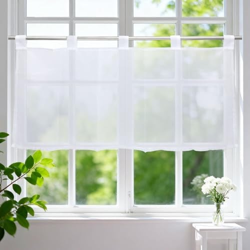 45 x 90 cm Weiß Scheibengardinen, Kurz Bistrogardine mit Schlaufen, Chiffon Scheibengardinen Modern Küche, Fenstergardinen, Küchengardinen Modern, Kurzgardine Geeignet für Küchen und Wohnzimmer