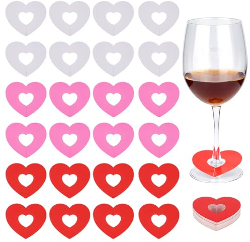 MAYJOYDIY 150Pcs 3 Colors Heart Paper Wine Glass Tags 2.4x2.8inch Cocktail Champagne Name Charm Paper Heart Glass Markers for Party Identification and Wedding Celebrations
