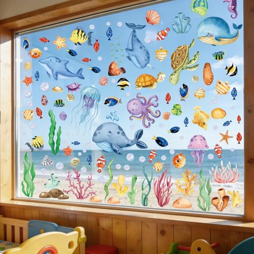 Simpeak 134 stk Fensterbilder Ozeanwelt, Fische Meeresschildkröten Algen Seesterne Selbstklebend, PVC Fensterdeko Fenstersticker, Fensterdekoration Fensterwand Badezimmer Kühlschrank, 9 Blatt