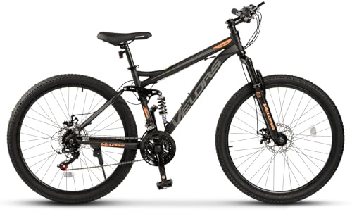 PVY Fully Mountainbike 26 Zoll für Erwachsene und Jugendliche, 21-Gang Kettenschaltung, mechanische Scheibenbremsen, vollgefederter Rahmen, 85% vormontiert, Schwarz/Grau/Orange