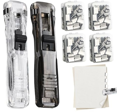 2Pcs Portable Binder Clip Stapler, Clam Clip Dispenser with 200 Reusable Clips Portable Handheld Stapling Tool Paper Stapler for Home Business Arts Office School Hospital
