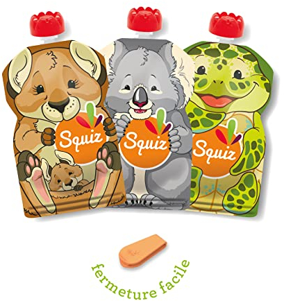 Set mit 3 wiederverwendbaren 130-ml-Quetschbeuteln | Australien-Kollektion | Für Babys, Kinder und Erwachsene | Für Kompott, Püree und Smoothies | Hergestellt in der Schweiz und in Frankreich | Squiz