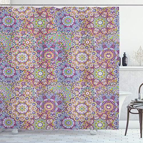 ABAKUHAUS Blatt Duschvorhang, Bunte Mandala Paisley, Stoffliches Gewebe Badezimmerdekorationsset mit Haken, 175 x 180 cm, Blau Lila