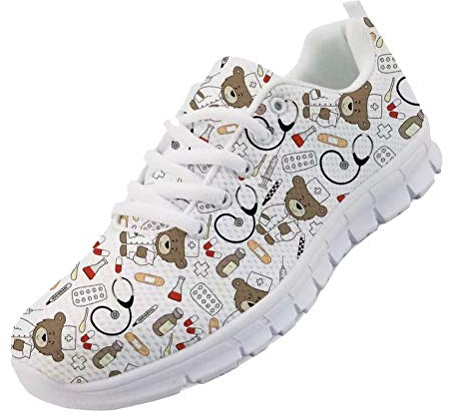 chaqlin Cartoon Bär Krankenschwester Schuhe Frauen Casual Laufen Walking Sneakers Schnüren Komfortable Weiche Wohnungen Sport Turnschuhe für Damen Mädchen Weiß Größe UK4 = Eur39