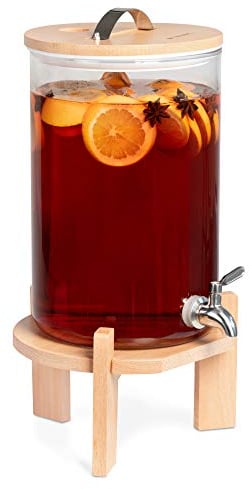 Navaris 7L Getränkespender mit Zapfhahn aus Edelstahl - Glas Wasserspender mit Stand aus Buchen Holz - Spender aus hitzebeständigem Borosilikatglas
