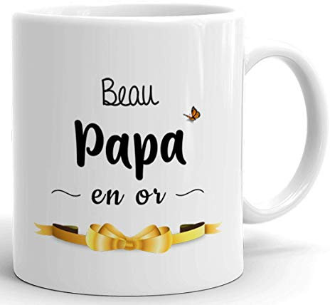 L'Esprit Des Anges - Mug Cadeau Beau Père - Beau Papa en Or - Idée Originale Anniversaire Fête des Pères - Céramique Blanche 320 ml - Compatible Micro-ondes et Lave-Vaisselle
