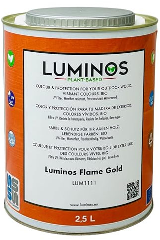Luminos LUM1111 - FLAME GOLD - Holzlasur Außen - Biopolymer-Wasserbasis Lasur für Holz, UV-Schutz und Wetterfest - Golden Orange 2.5L